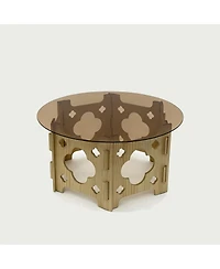 Flynama 31.1" Round Tempered Glass Coffee Table, Floral Hollow Wood Base, Cat Nest Design