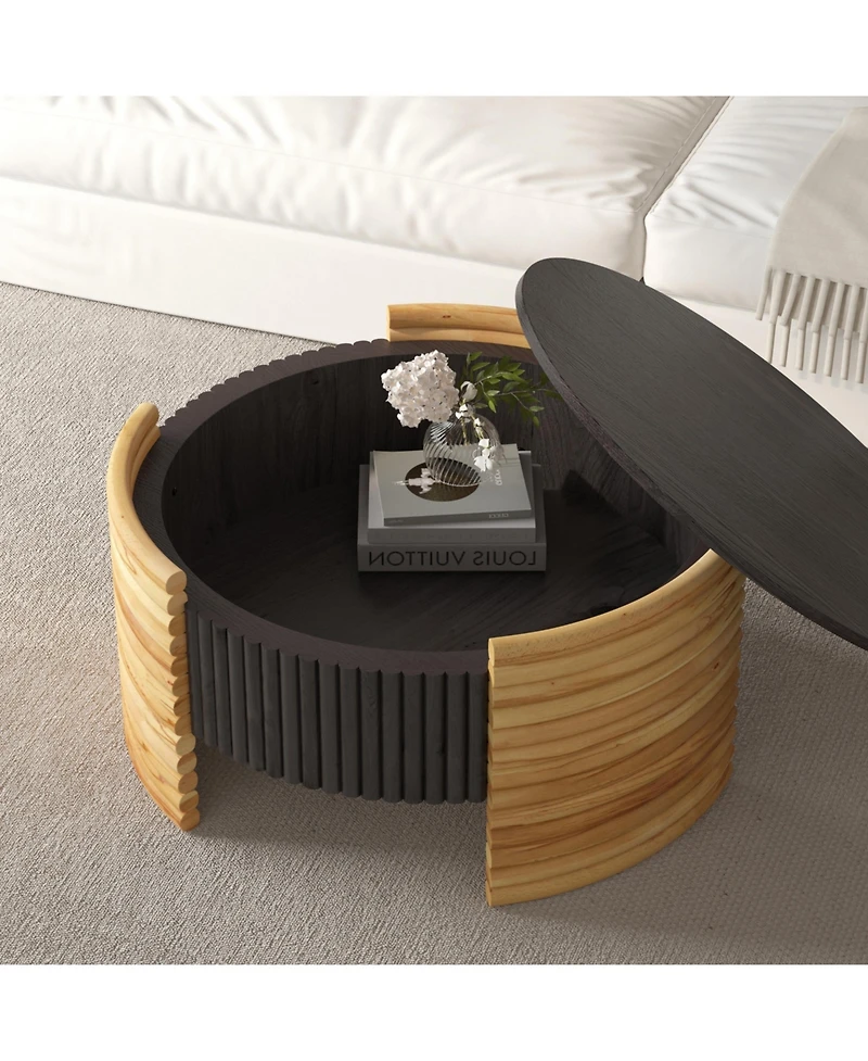 Flynama 31.5" Round Flip-Top Coffee Table, Colorblock Striped Mdf with Wood Veneer