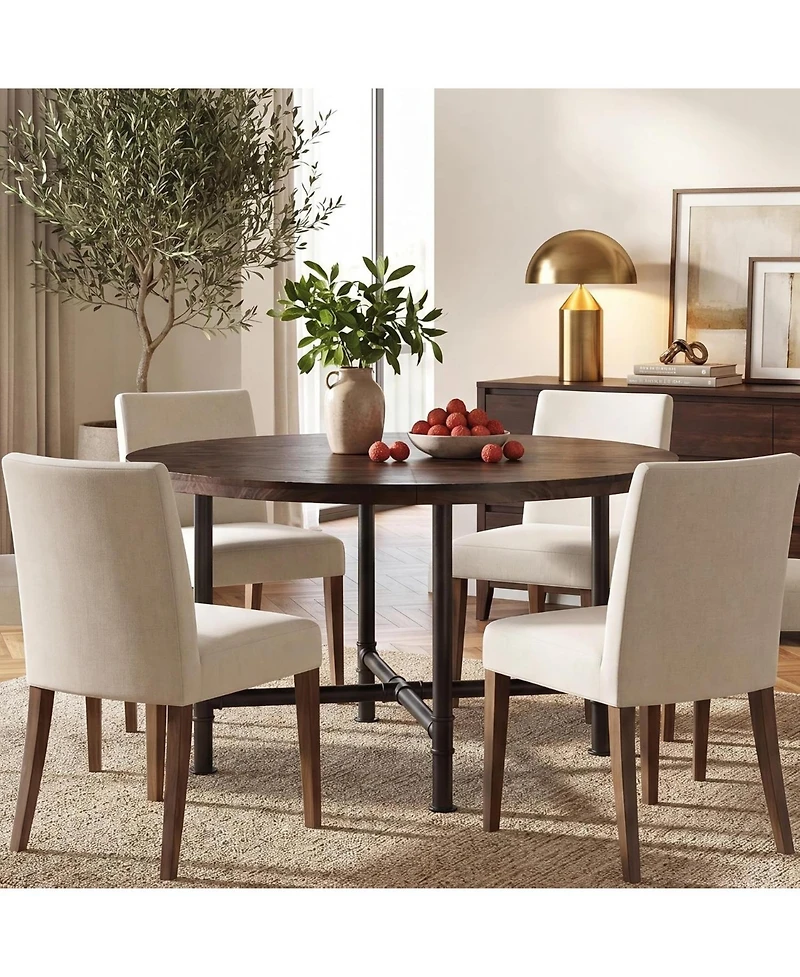 Tribesigns 47.24" Round Dining Table, Walnut and | Solid Wood Top, Metal Pipe Legs, Rustic Design
