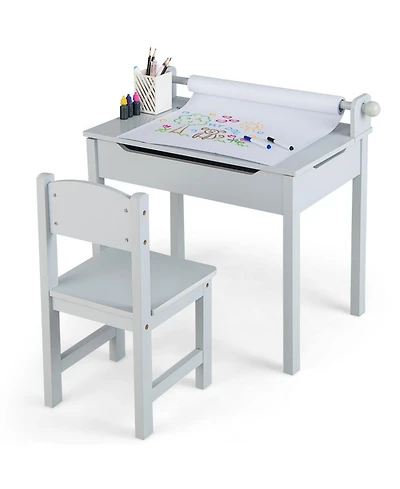 Gouun Wooden Kids Activity Table and Chair Set with Paper Roll Holder and Storage