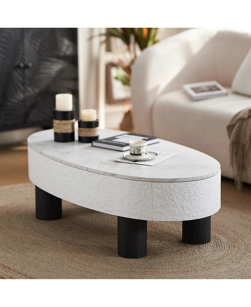 Flynama Oval Faux Marble Coffee Table with Hidden Drawer