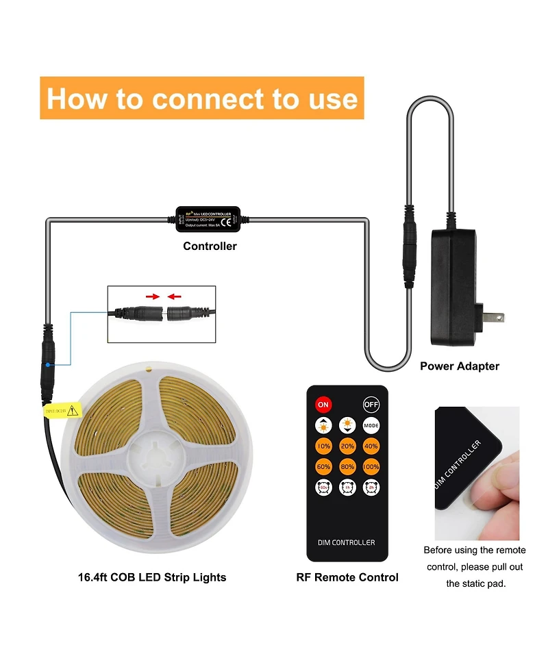 Lofree Cob Led Dimmable Remote Control Strip Light, 16.4'L
