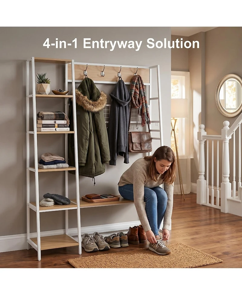gaomon 4-in-1 Industrial Hall Tree with Shoe Storage and Bench, Entryway Coat Rack with 8 Removable Hooks, Rustic Wood and Metal Frame for Mudroom