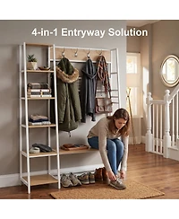 gaomon 4-in-1 Industrial Hall Tree with Shoe Storage and Bench, Entryway Coat Rack with 8 Removable Hooks, Rustic Wood and Metal Frame for Mudroom