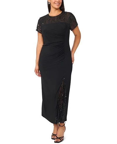 Msk Plus Beaded Mesh Side Ruched Short-Sleeve Gown
