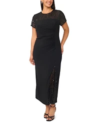 Msk Plus Beaded Mesh Side Ruched Short-Sleeve Gown
