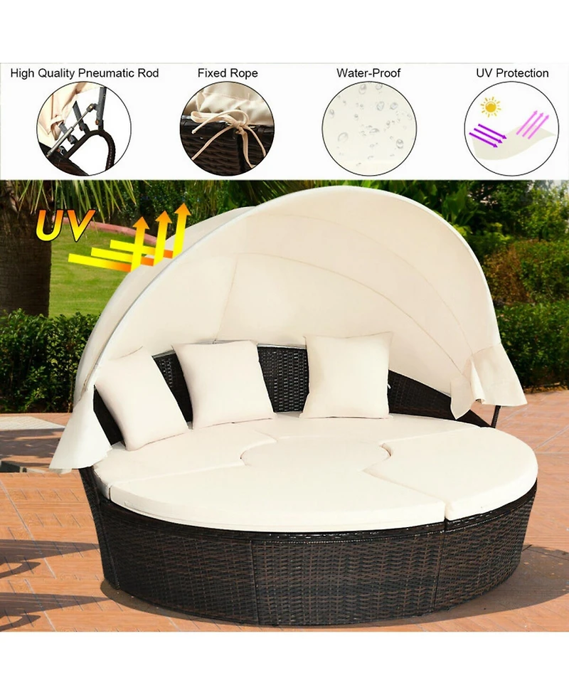 Gouun Patio Round Rattan Daybed Set with Retractable Canopy and Side Table