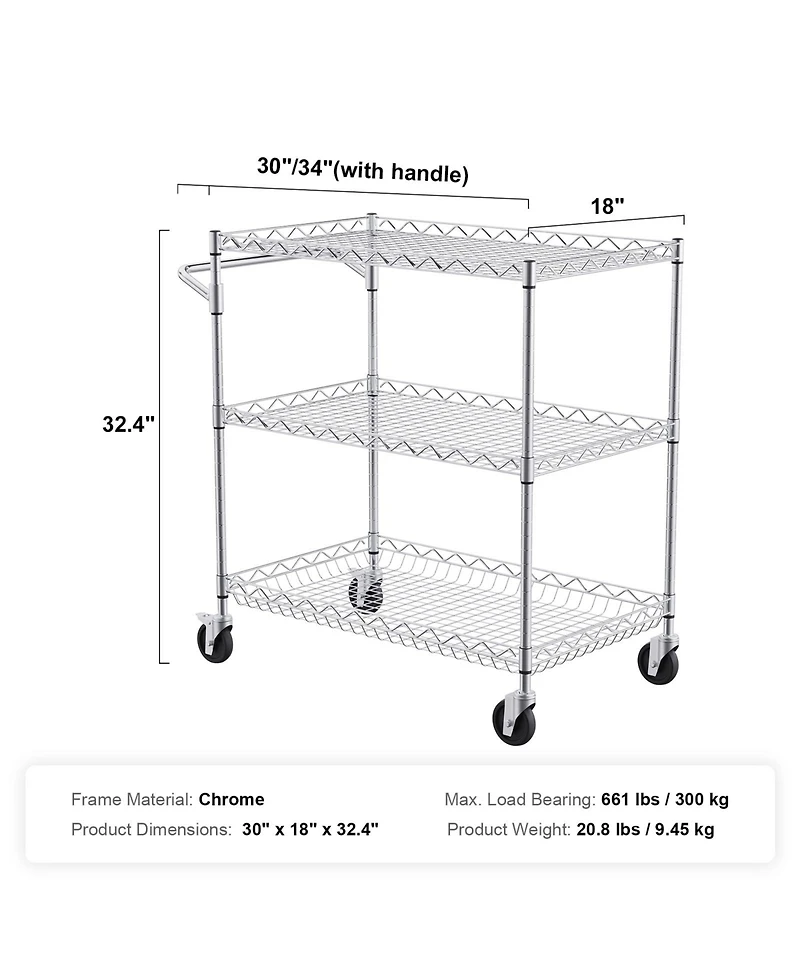 Sugift 3-Tier Steel Utility Cart on Wheels with 661LBS Capacity 80mm Deep Basket Curved Handle 6 Hooks