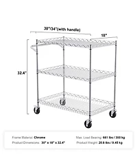 Sugift 3-Tier Steel Utility Cart on Wheels with 661LBS Capacity 80mm Deep Basket Curved Handle 6 Hooks