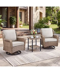 Pocassy 3 Pieces Patio Furniture Set, Outdoor Swivel Glider Rocker Set with Washable Cushion and Tempered Glass Table