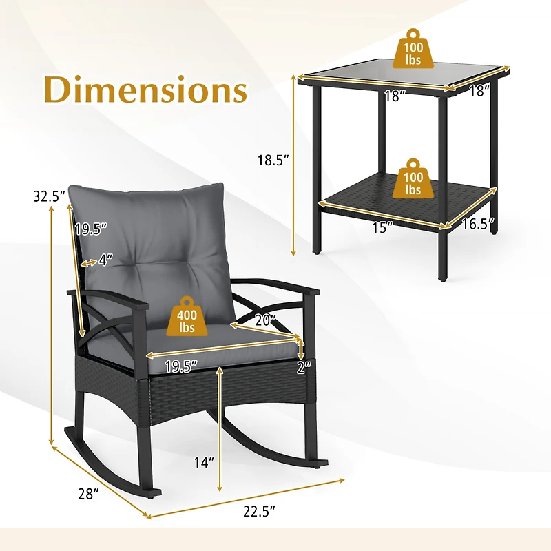 Gymax 3 Pieces Rattan Rocking Bistro Set with Tempered Glass Tabletop and Cushions for Porch Mix