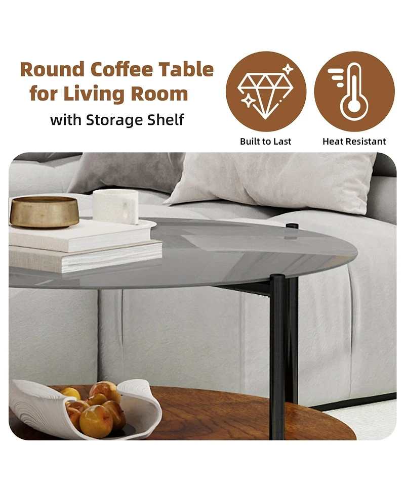 Flynama Mid Century Round Coffee Table Glass Top Wood Shelf Metal Frame Living Room Table