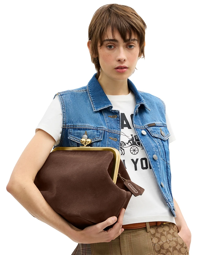 Coach Suede Kiss-Lock Small Frame Handbag