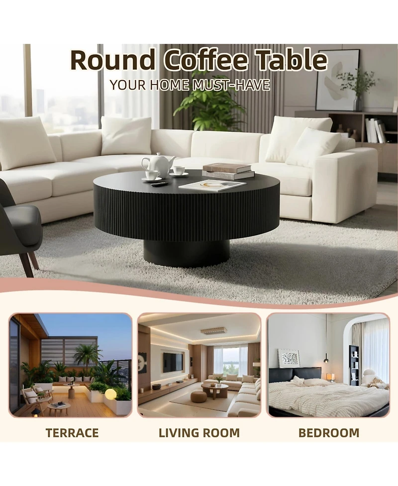 Flynama Fluted Round Pedestal Coffee Table, Mid Century Modern