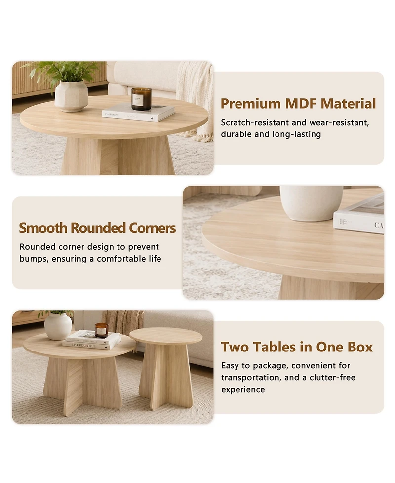 Flynama Retro Nesting Coffee Table Set Natural Round Cross Base