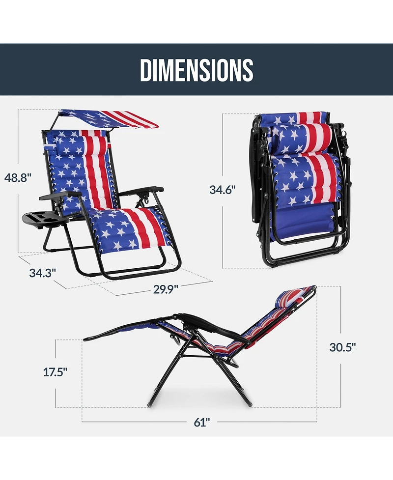 Best Choice Products Oversized Padded Zero Gravity Chair w/ Canopy Headrest Cup Holder Side Tray