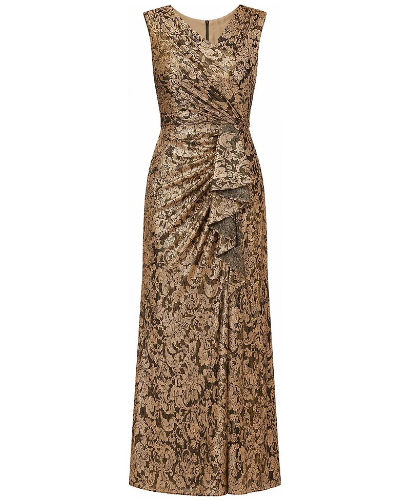 Adrianna Papell Women's Asymmetrical-Neck Metallic-Crinkle Wedding Guest Long Dress