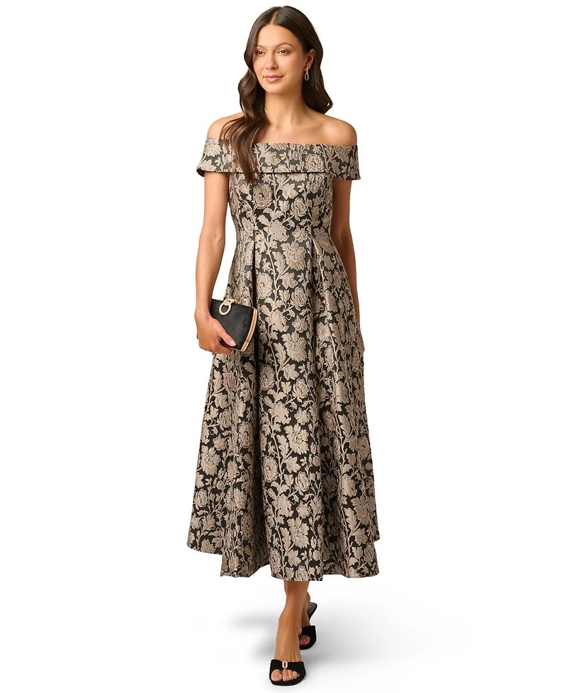 Adrianna Papell Women's Off-the-Shoulder Floral-Print Jacquard Midi Dress