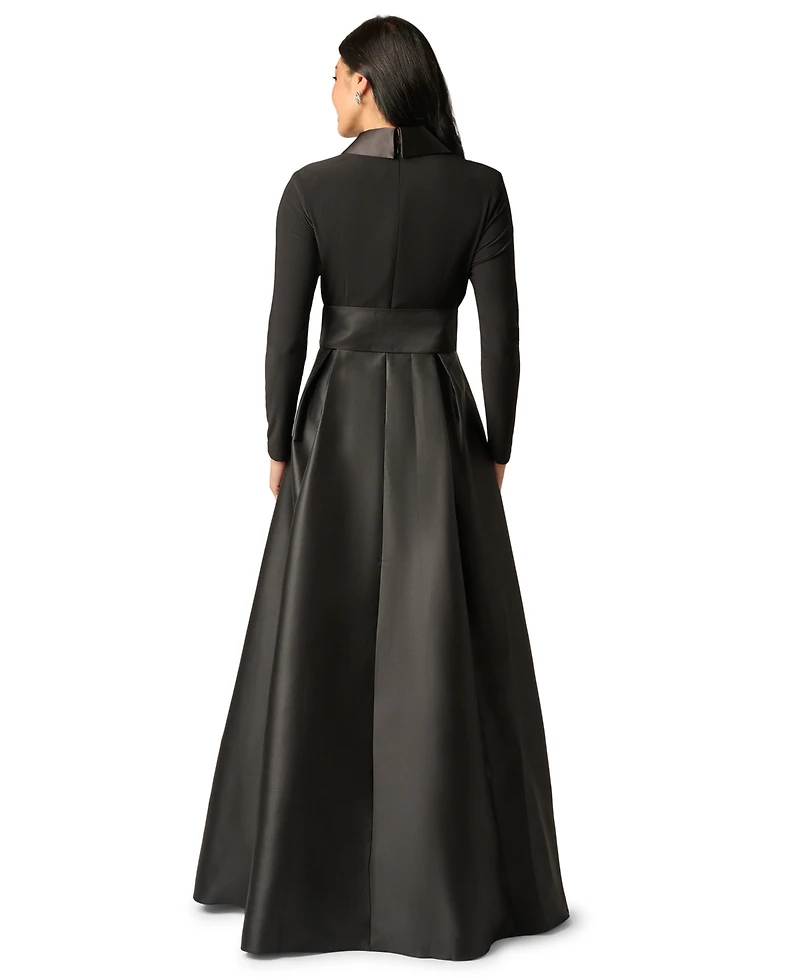 Adrianna Papell Women's Tuxedo Combo Fit and Flare Long-Sleeve Shawl Collar Satin Gown