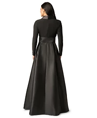 Adrianna Papell Women's Tuxedo Combo Fit and Flare Long-Sleeve Shawl Collar Satin Gown