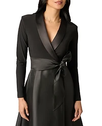 Adrianna Papell Women's Tuxedo Combo Fit and Flare Long-Sleeve Shawl Collar Satin Gown