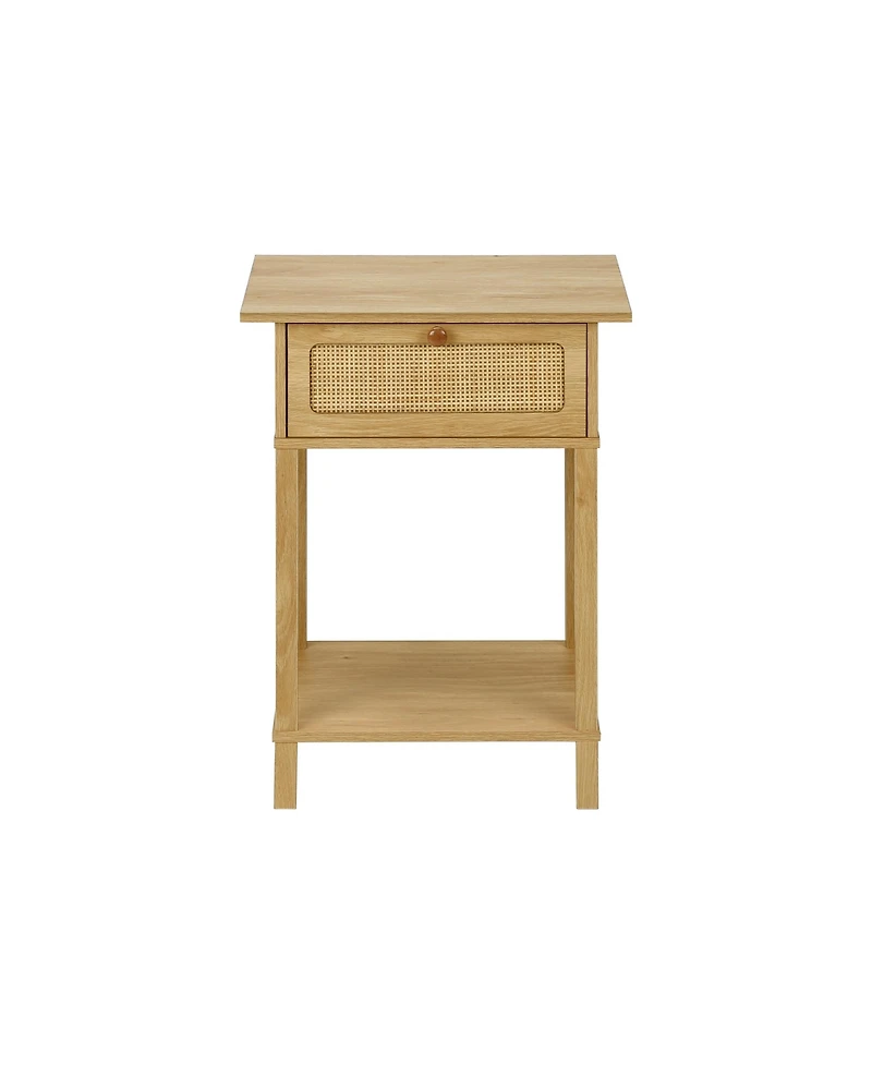Flynama Natural Rattan Accent Table 2 Tier Storage Nightstand with Drawer