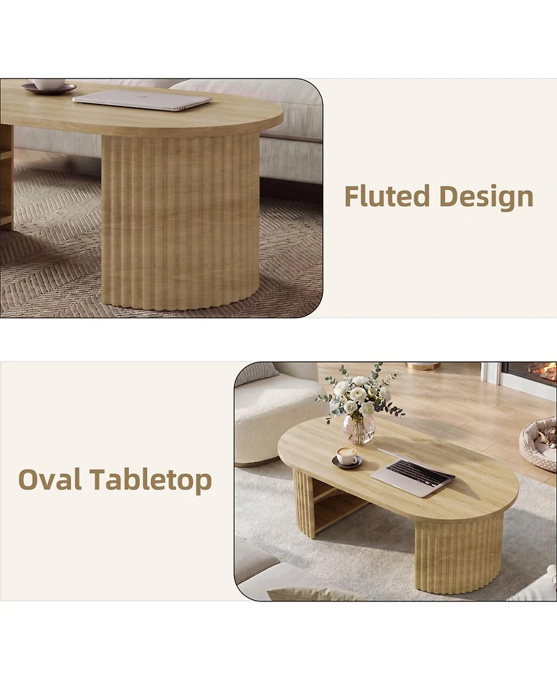 Gaomon Living Room Furniture Set of 2 Fluted Console Table 59" and Oval Coffee Table 39" Mid Century Modern Wood Entryway Sofa Table with Open Shelf