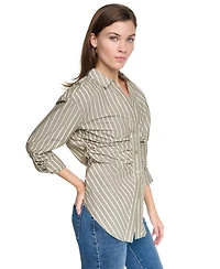 Dkny Jeans Women's Petite Ruched Striped 3/4-Sleeve Poplin Shirt