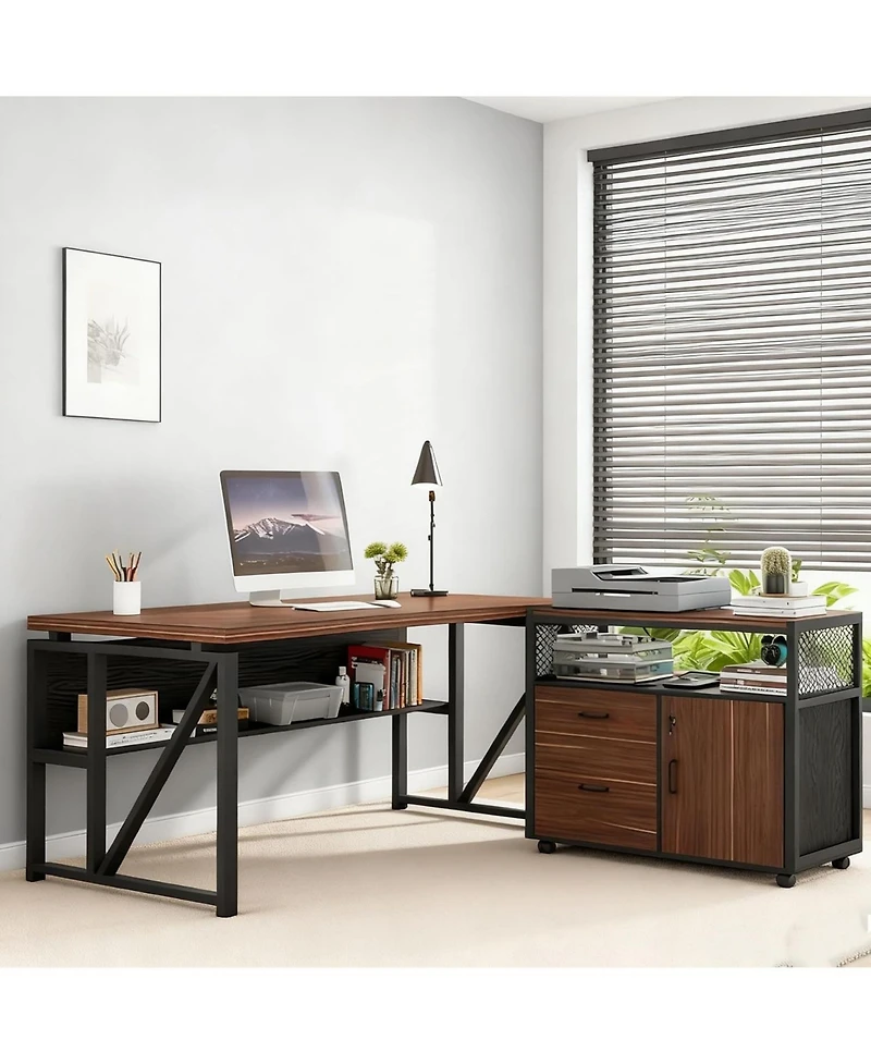 Tribesigns 63" L-Shaped Desk with File Cabinet