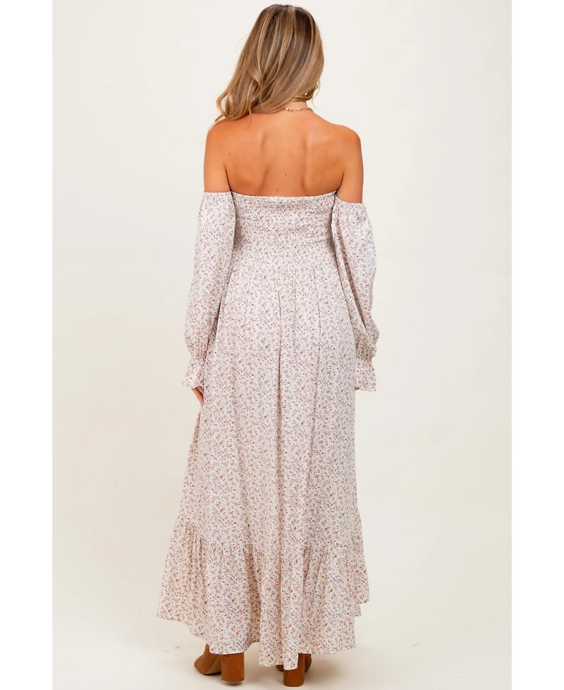 Pinkblush Women's Cream Floral Smocked Off Shoulder Maxi Dress
