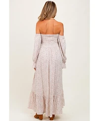 Pinkblush Women's Cream Floral Smocked Off Shoulder Maxi Dress