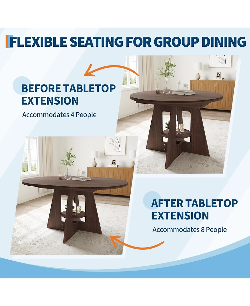 43.3"-59" Convertible Dining Table, Extendable Round to Oval Table Seating 4-8, Pedestal Base with Open Storage Shelf, Compact Furniture for Kitchen