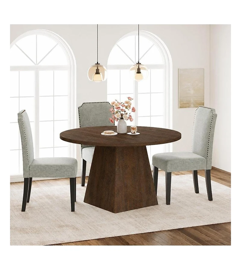 47-Inch Round Pedestal Dining Table, Seats 4-6, Brown Finish, 350 lb Capacity