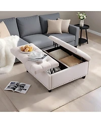 35" x 35" x 18" Storage Ottoman Bench with Flip-Top, Linen Upholstered Chest and Rubber Wood Legs, for Bedroom Entryway Living Room, Beige