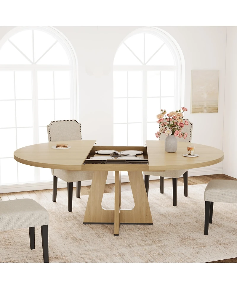 47-63 Inch Extendable Round to Oval Farmhouse Dining Table with Wood Cross Base, Seats 4-8,Wood Color