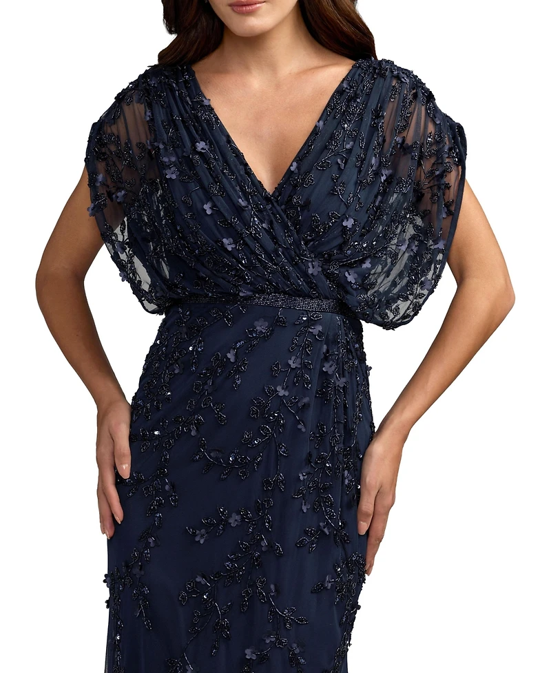 Mac Duggal Women's Beaded Floral Embroidered Mesh Gown