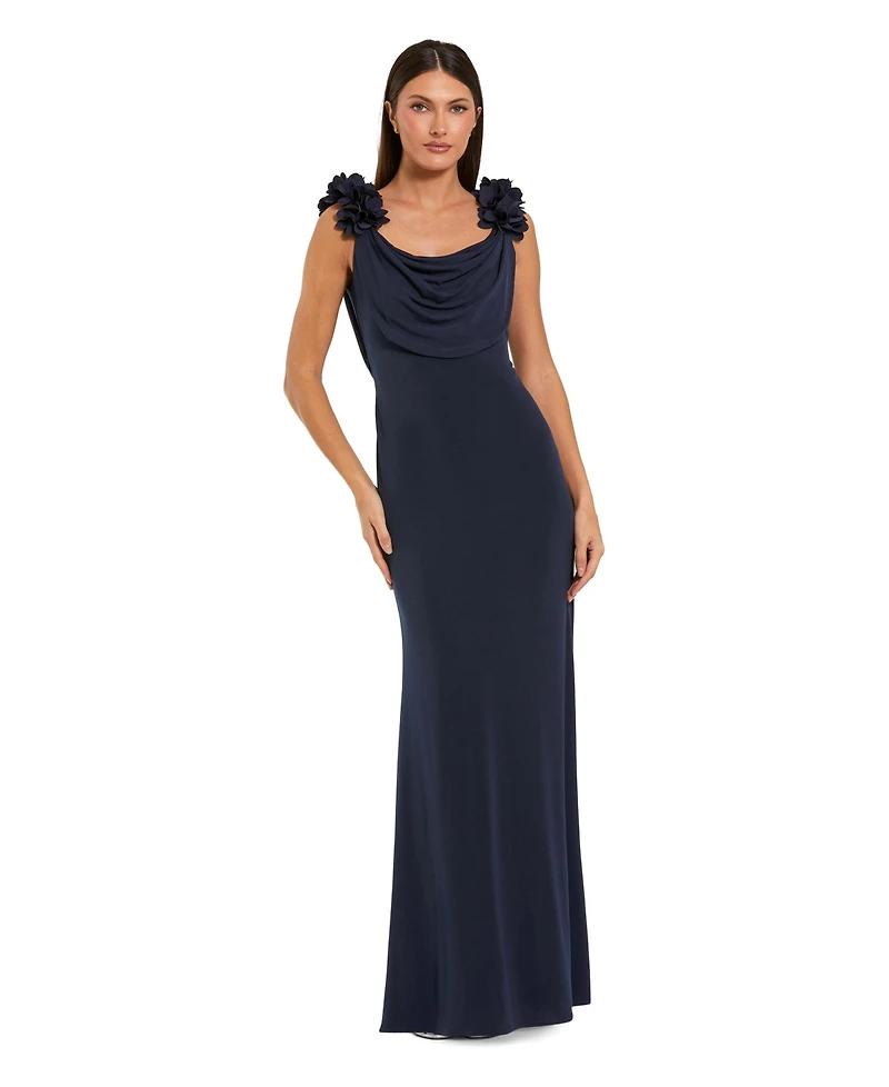 Mac Duggal Petite Crepe One Shoulder Mermaid Gown With 3D Flower
