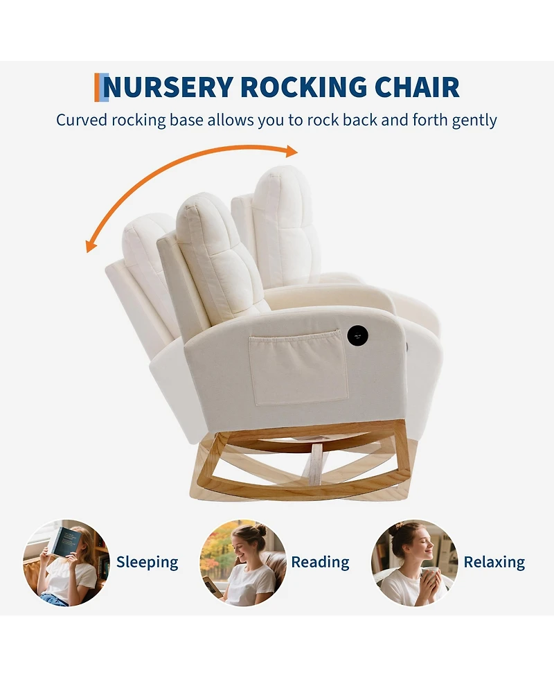 Rocking Chair, Upholstered Glider Armchair for Nursery | Modern Rocker with Usb Ports and Side Pocket for Living Room Nursing Room