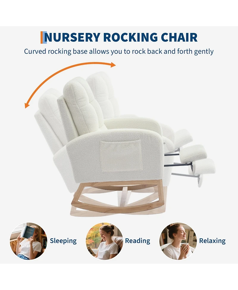 Beige Upholstered Rocking Glider Armchair with Footrest and Side Pocket, Modern Nursery Rocker Chair for Living Room and Nursing Room