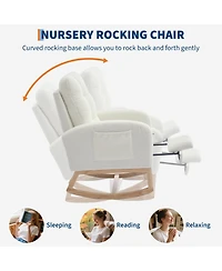 Beige Upholstered Rocking Glider Armchair with Footrest and Side Pocket, Modern Nursery Rocker Chair for Living Room and Nursing Room