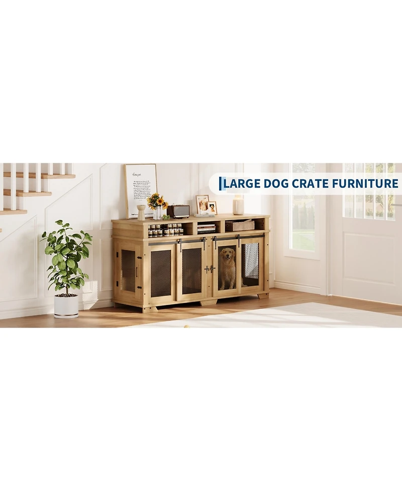 Double Dog Crate Furniture, 71 Inch Extra Large Wooden Heavy Duty Indoor Pet Kennel with Sliding Barn Door, Removable Divider, Tv Stand End Table