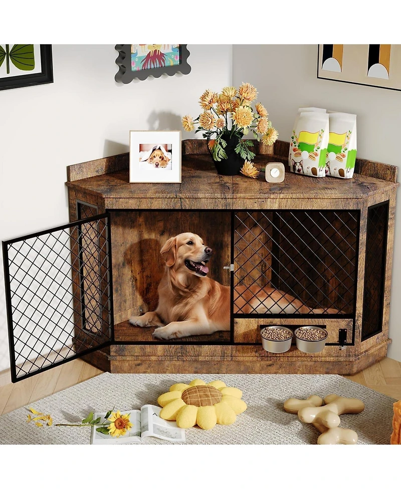 Corner Dog Crate Furniture with Rotating Feeder, 52 Inch Heavy Duty Indoor Pet Kennel House with Metal Mesh, Multi-Purpose Corner Tv Stand End Table