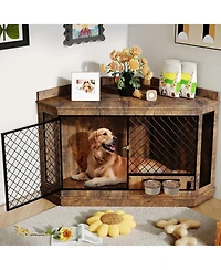 Corner Dog Crate Furniture with Rotating Feeder, 52 Inch Heavy Duty Indoor Pet Kennel House with Metal Mesh, Multi-Purpose Corner Tv Stand End Table