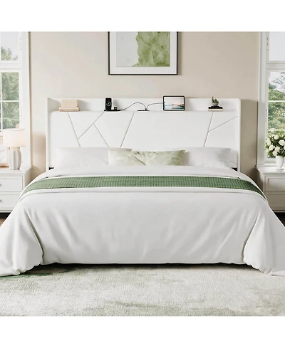 Bed Frame with Storage Headboard and Charging Station | Wingback Velvet Upholstered Platform Bed Frame, Solid Wood Slats Support