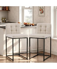 Set of 2 Modern Counter Height Bar Stools, Faux Leather Upholstered Stools with Backrest and Footrest, Armless Design and Metal Legs for Kitchen