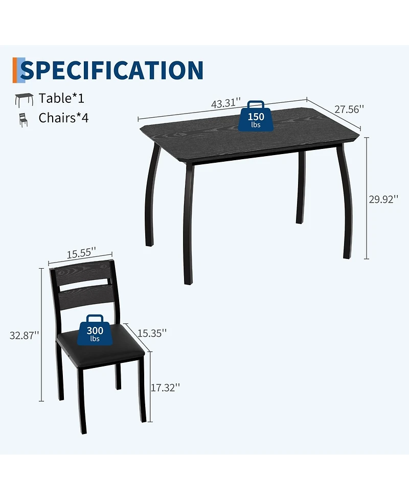 Dining Table Set for 4, 5-Piece Black Space-Saving Kitchen Table with Cushioned Chairs for Small Apartment Afternoon Tea