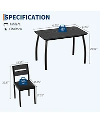 Dining Table Set for 4, 5-Piece Black Space-Saving Kitchen Table with Cushioned Chairs for Small Apartment Afternoon Tea