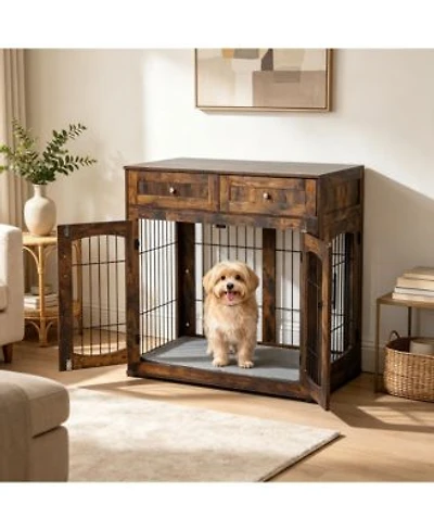 Medium Large Engineered Wood Dog Crate Furniture Indoor Dog Kennel Cage With Metal Double Doors Decorative Pet End Table For Living Room Gray