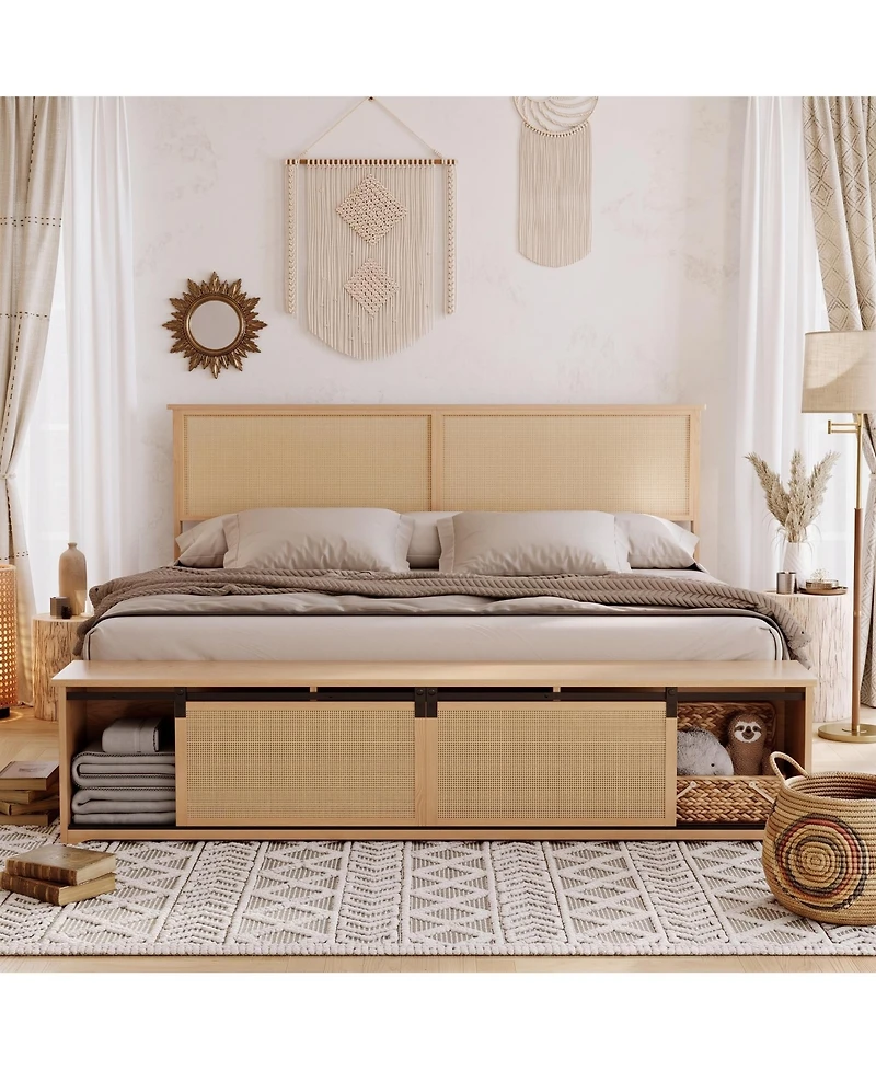 Full Rattan Bed Frame, Rattan Headboard and Rgb Led Light, Platform Bed Frame with Sliding Barn Door Storage Bench, Noise Free, No Box Spring Needed