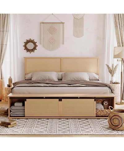 Full Rattan Bed Frame, Rattan Headboard and Rgb Led Light, Platform Bed Frame with Sliding Barn Door Storage Bench, Noise Free, No Box Spring Needed